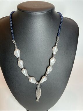 Silver Fish and Freshwater Pearl Necklace with Navy blue cord, adjustable